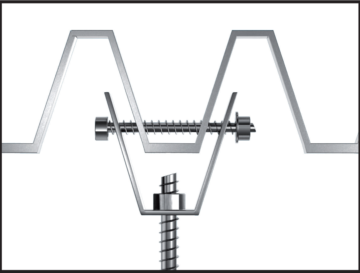 Fijación del soporte trapezoidal TPZF con tornillo y varilla en chapa metálica