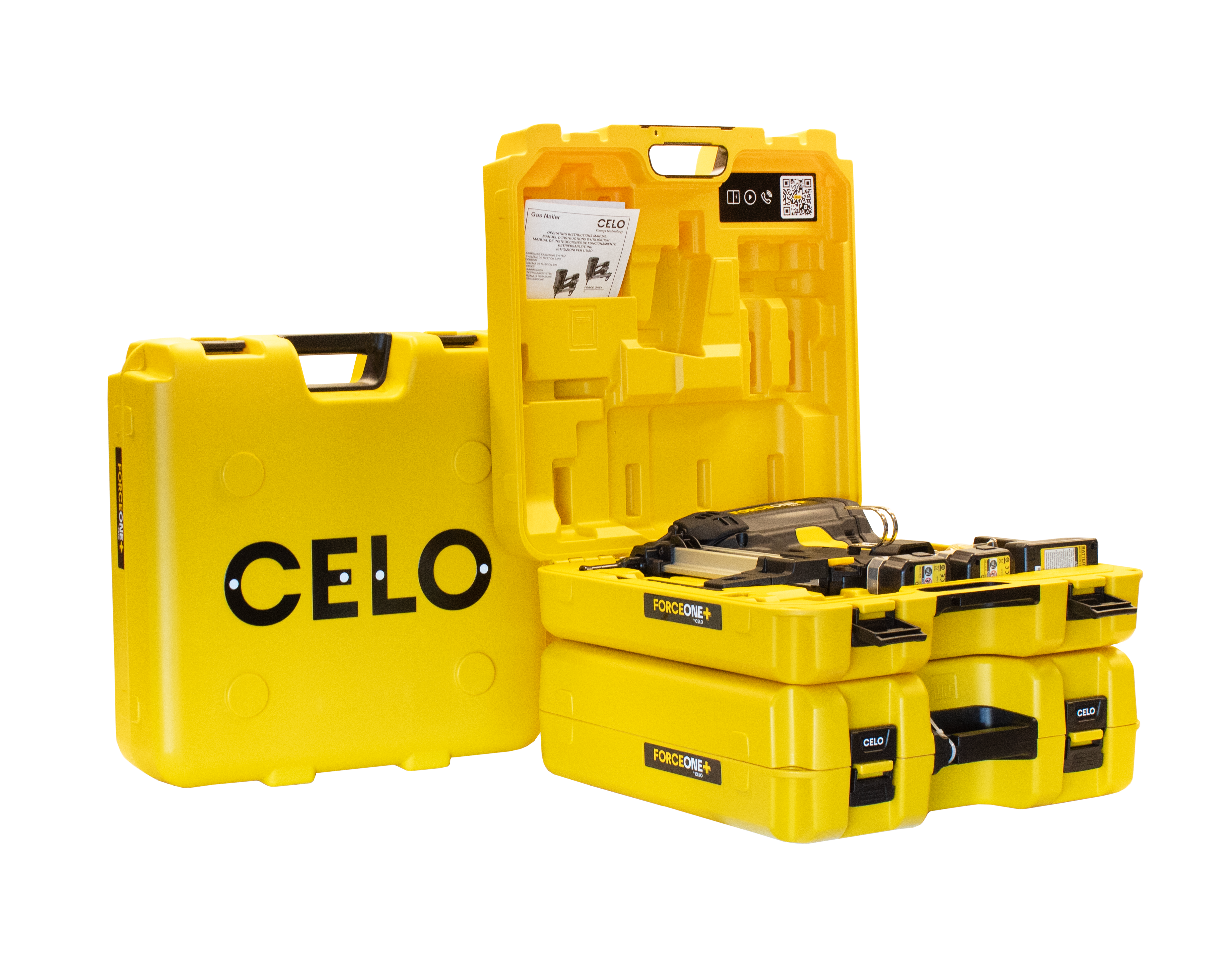Un maletín amarillo de la clavadora FORCE ONE+ con marca CELO