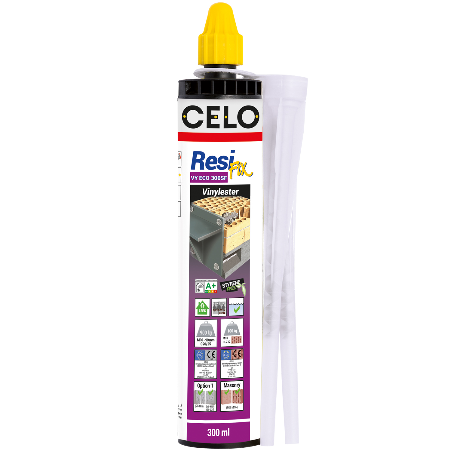 Imagen del producto cartucho ResiFIX ECO VY 300 SF con dos boquillas mezcladoras