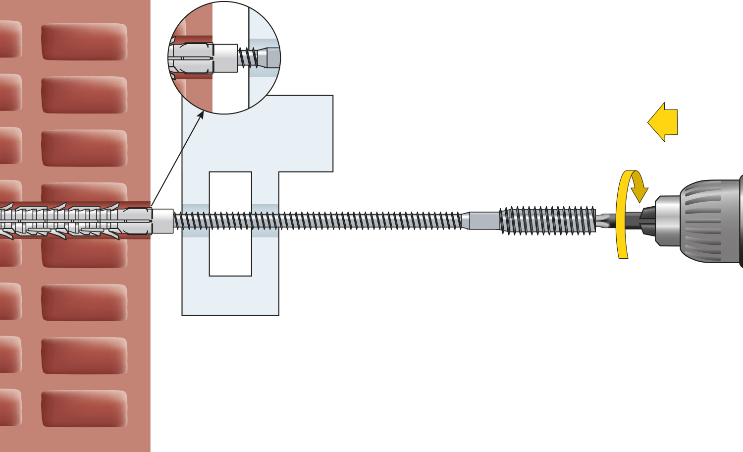Atornillado del tornillo de fijación para instalar el set de fijación para ventanas FB