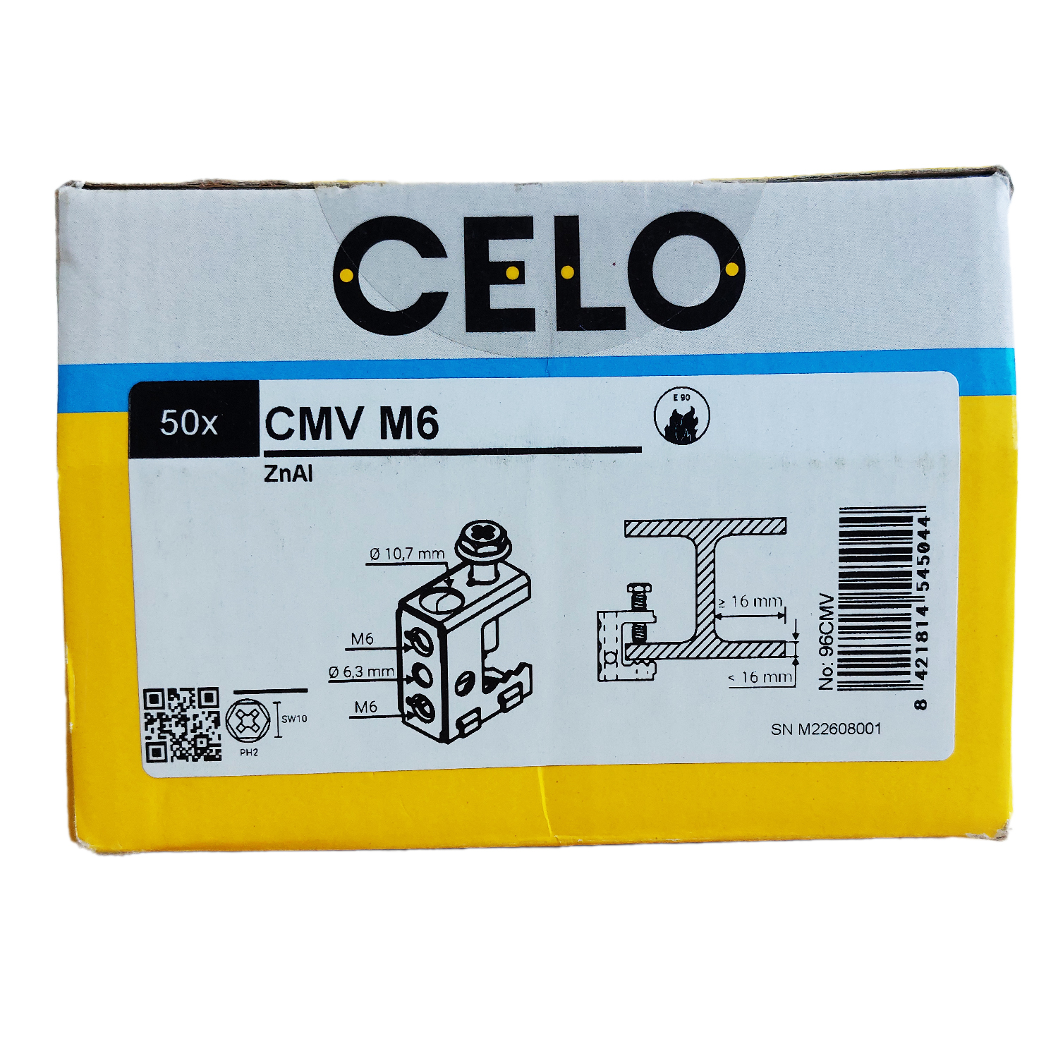 Foto del embalaje: caja con 50 unidades de CMV M6 ZnAl, vista frontal con etiqueta